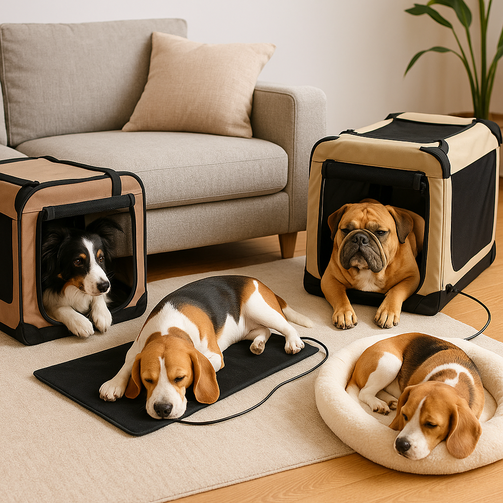Dogs with crates in living room