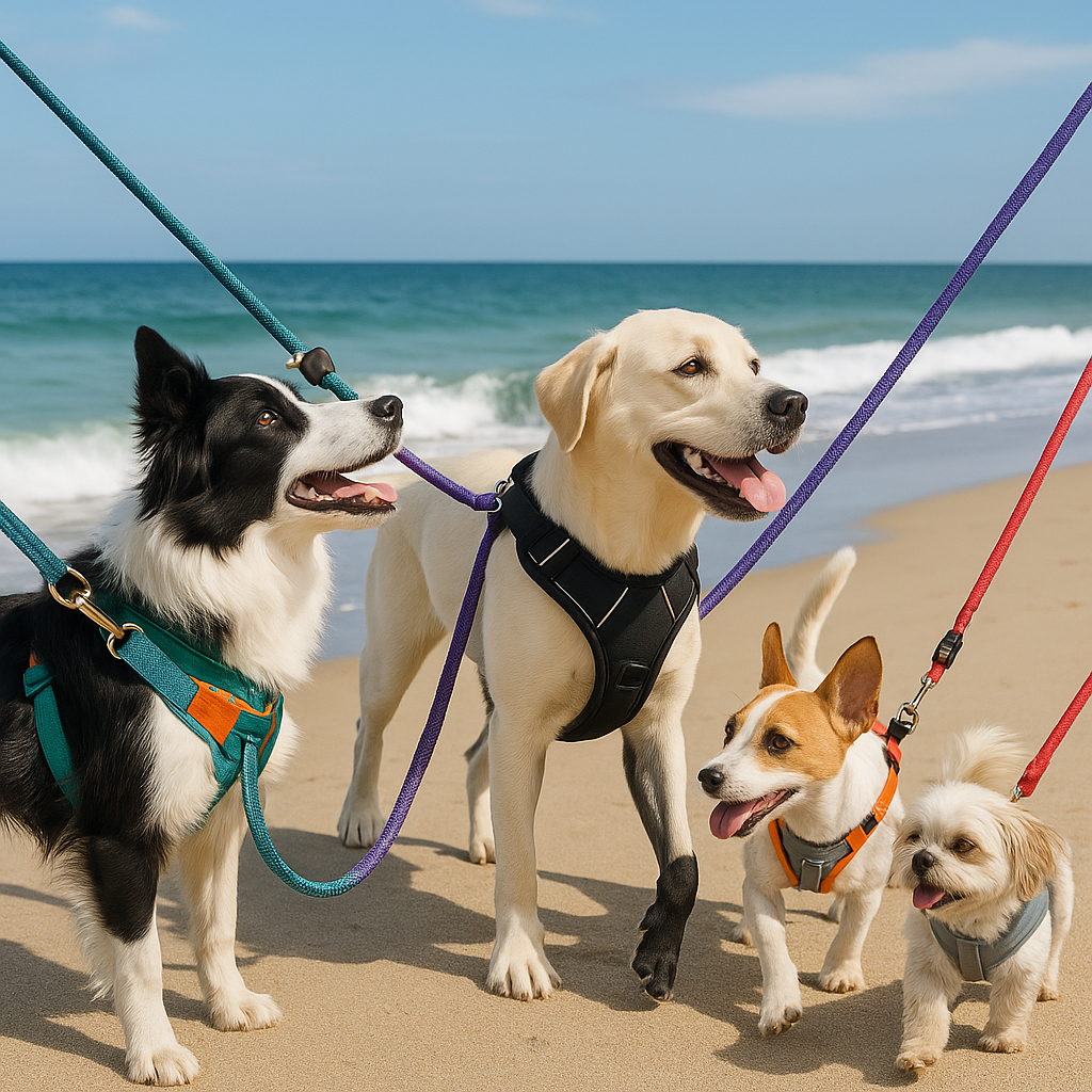 Dogs with harnesses at the beach